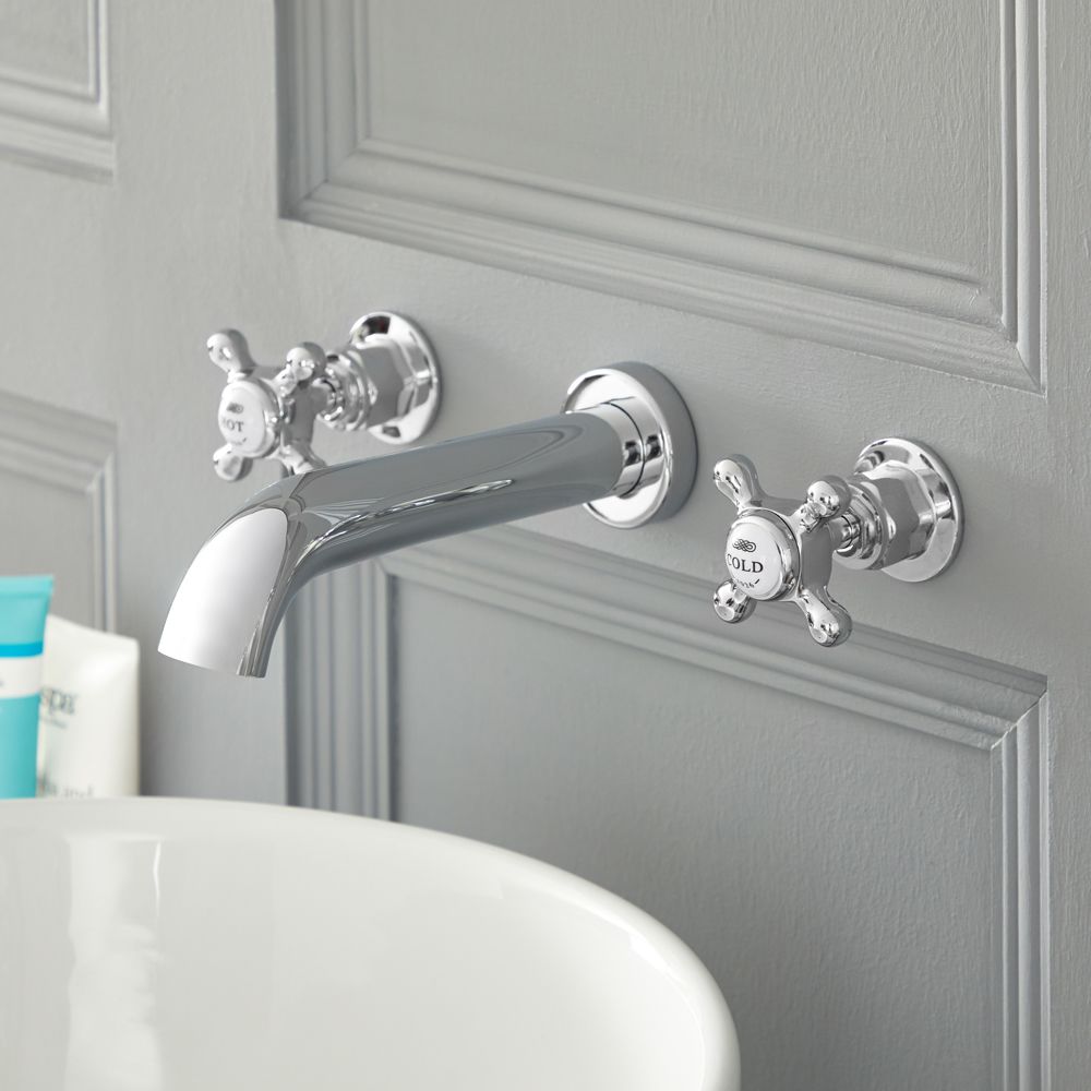 Mélangeur lavabo mural rétro à 3 trous – Commandes croisillons – Chromé et blanc - Elizabeth