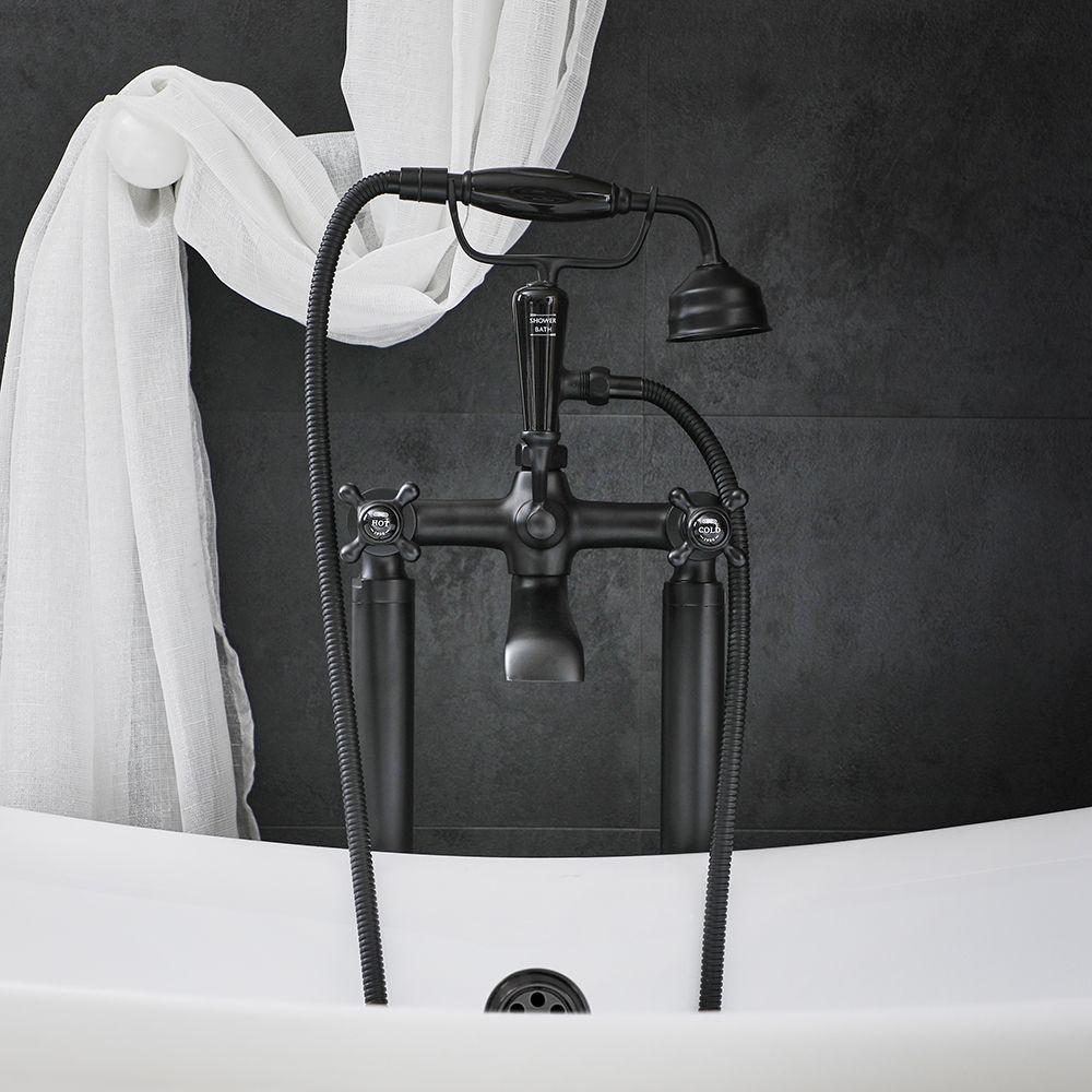Mélangeur baignoire îlot avec douchette rétro – Commandes en croisillon – Noir - Elizabeth