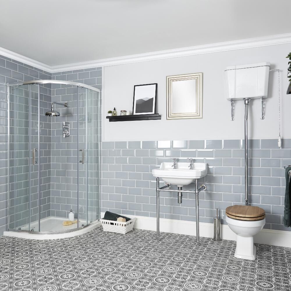 Ensemble cabine de douche quart de cercle, WC avec réservoir haut et lavabo sur pieds - Richmond