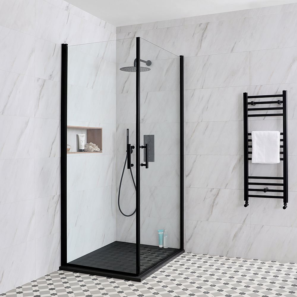 Cabine de douche d’angle à double portes pivotantes – Avec receveur à effet texturé – Noir – Choix de tailles - Nox
