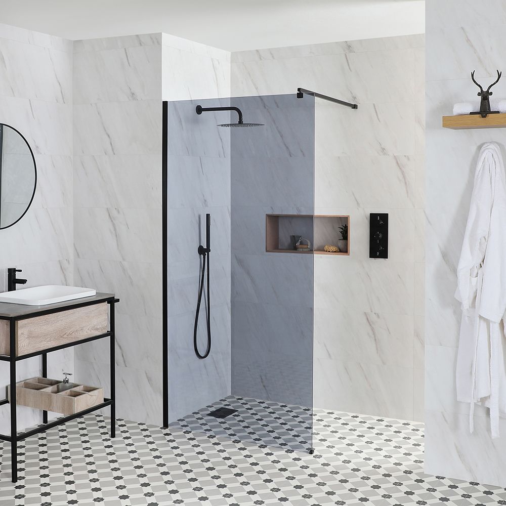 Douche italienne verre fumé – Tailles multiples – Choix de caniveau – Nox-Luna