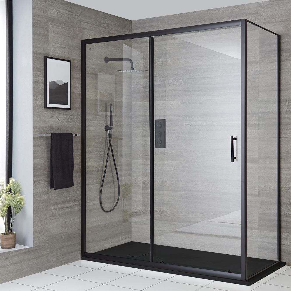 Cabine de douche d’angle à porte coulissante avec receveur de douche – Noir – Tailles multiples - Nox