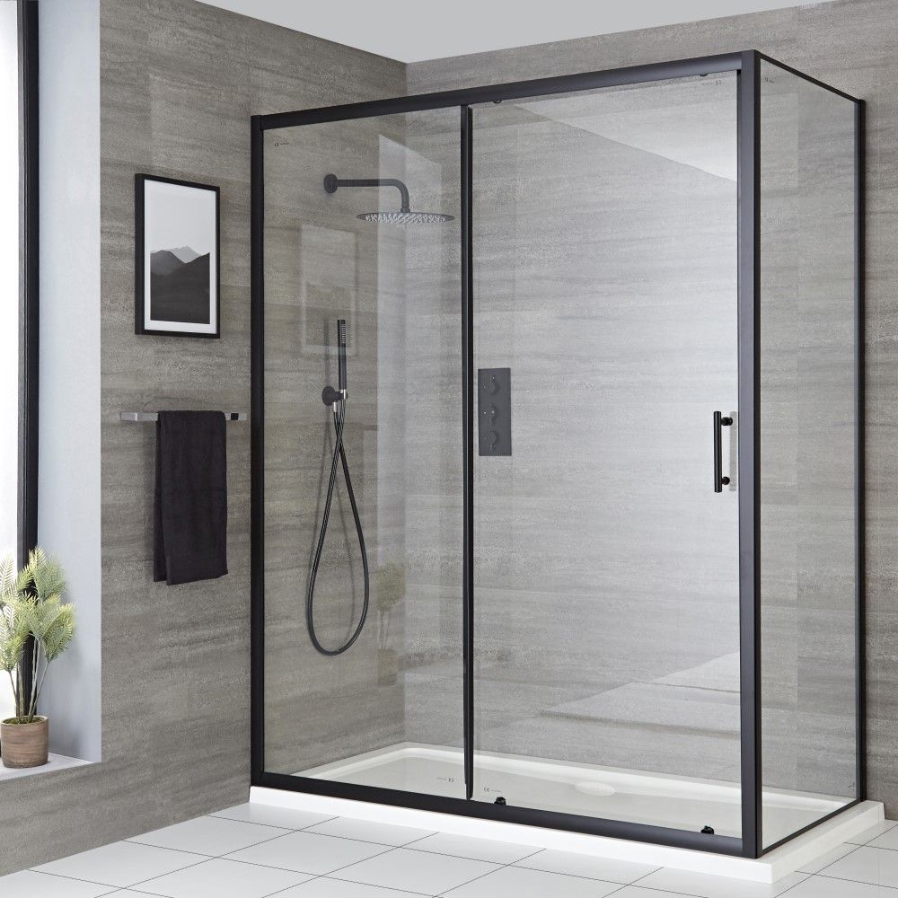Cabine de douche d’angle à porte coulissante – Noir - Avec receveur blanc - Choix de tailles - Nox