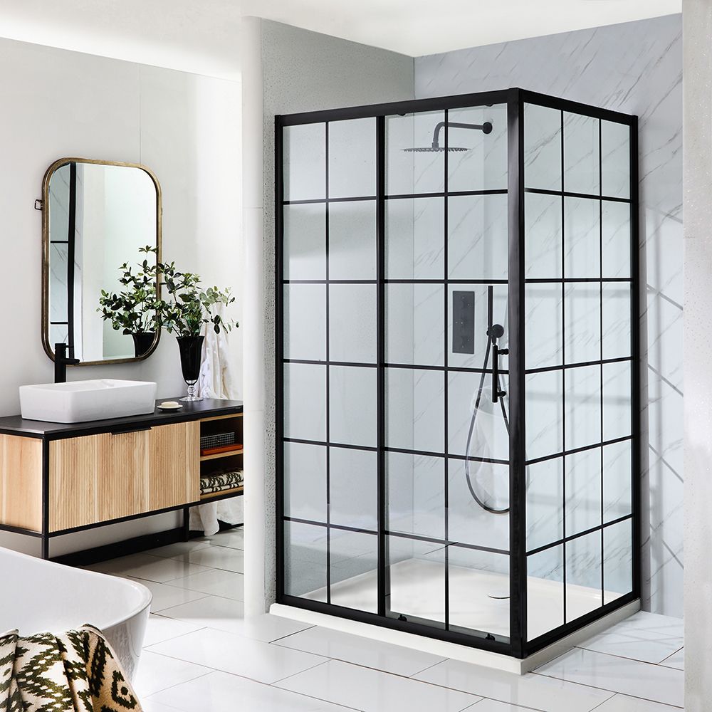 Porte de douche d’angle coulissante – Noir – Avec receveur – Choix de tailles et de parois latérales – Barq