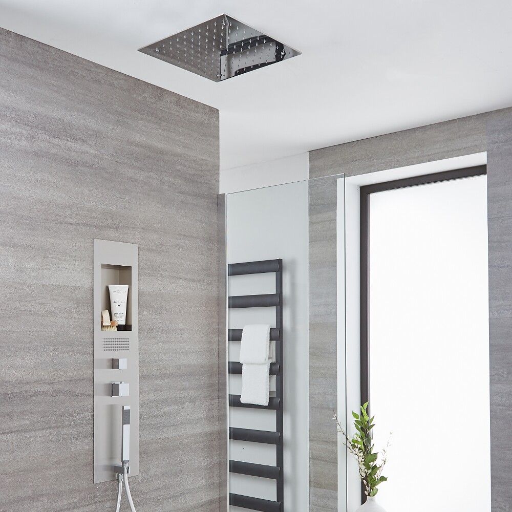 Colonne de douche encastrée avec pommeau plafonnier encastré carré de 40 cm – Acier brossé - Llis