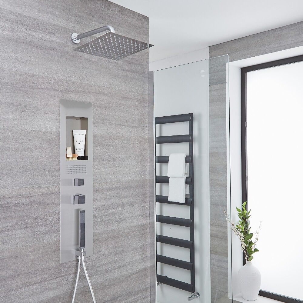 Colonne de douche encastrée et pommeau carré de 30 cm avec bras mural – Acier brossé - Llis