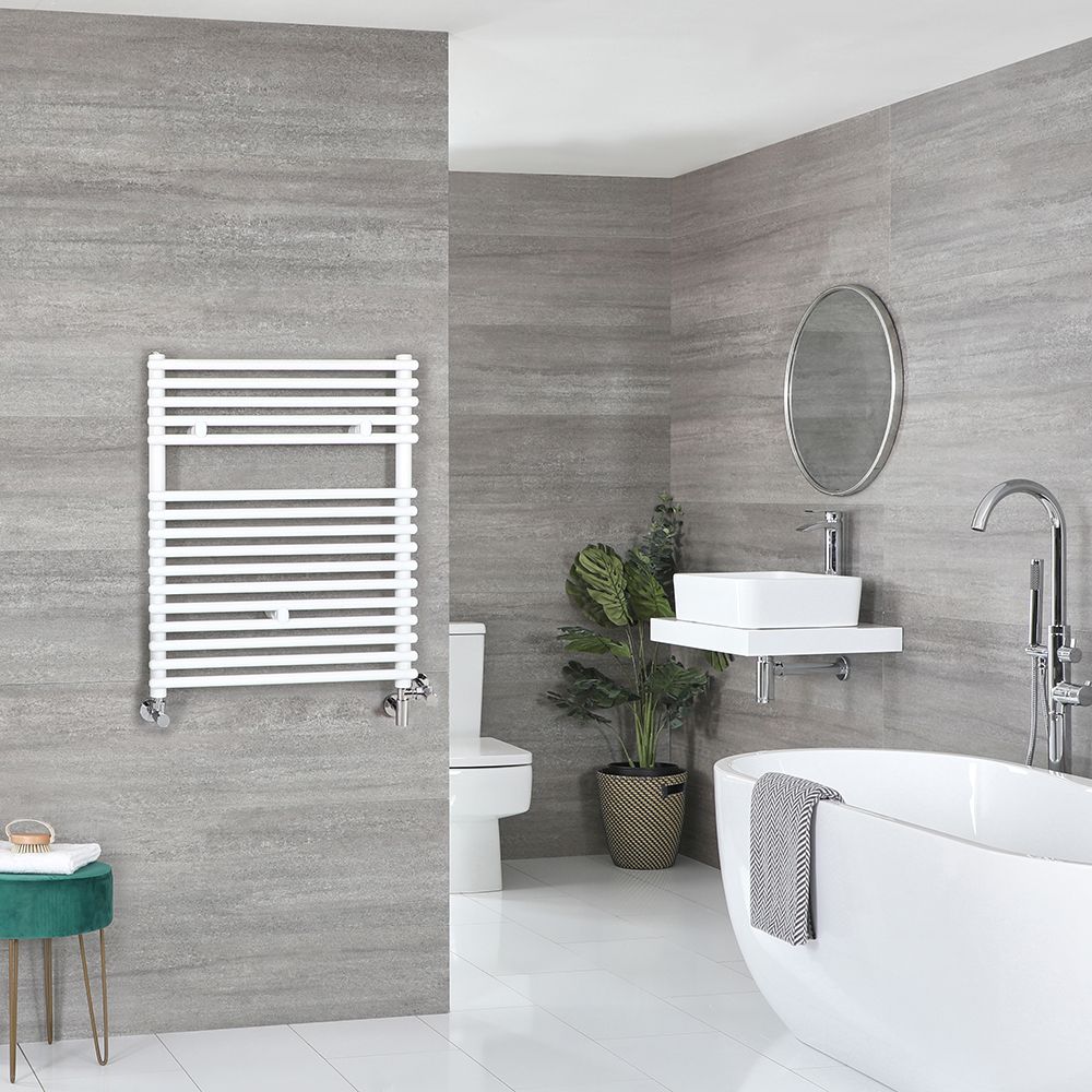 Sèche-serviettes mixte - Blanc - 73 cm x 45 cm - Avec élément électrique de 400W, robinets de radiateur et adaptateur - Arno