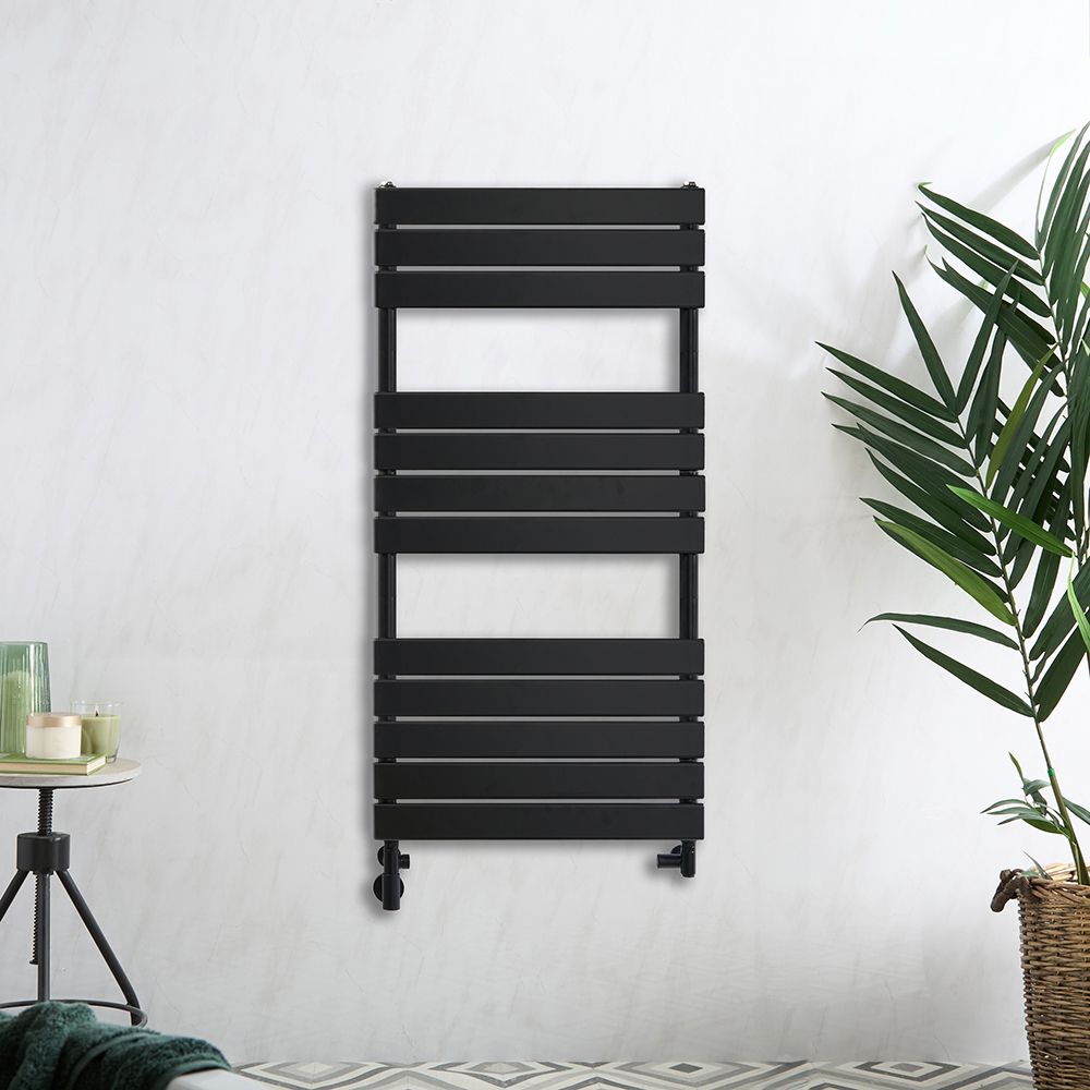 Sèche-serviettes mixte plat - Noir - Avec élément électrique, robinets de radiateur - Choix de tailles et de cache-câble - Lustro