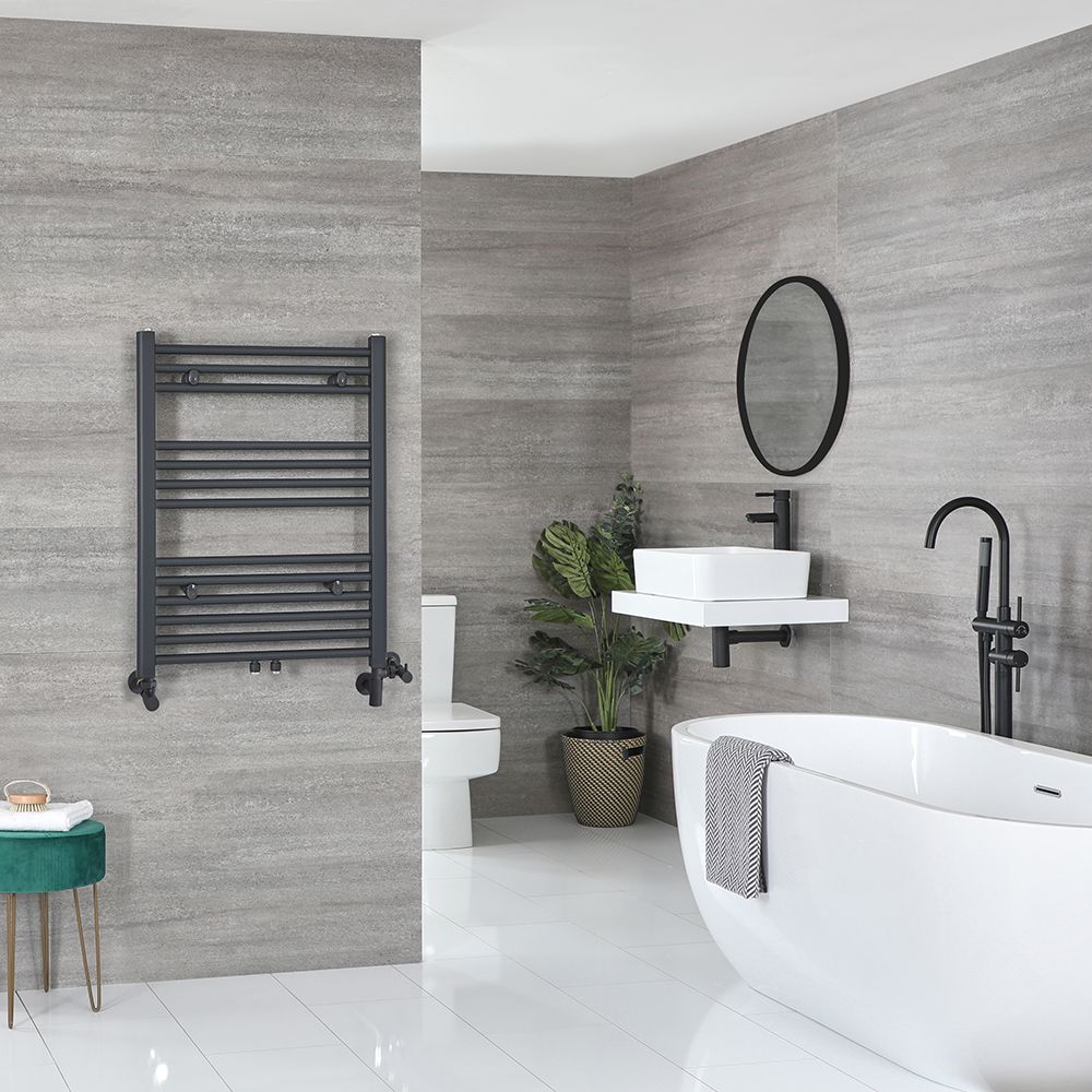 Sèche-serviettes mixte plat - Anthracite - 80,3 cm x 50 cm - Avec élément électrique de 400W, robinets de radiateur et adaptateur - Neva
