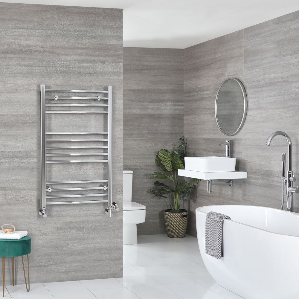 Sèche-serviettes mixte incurvé - Chromé - 100 cm x 50 cm - Avec élément électrique de 300W, robinets de radiateur et adaptateur - Kent