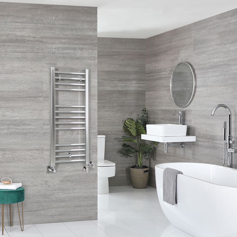 Sèche-serviettes mixte plat - Chromé - 100 cm x 40 cm - Avec élément électrique de 300W, robinets de radiateur et adaptateur - Kent