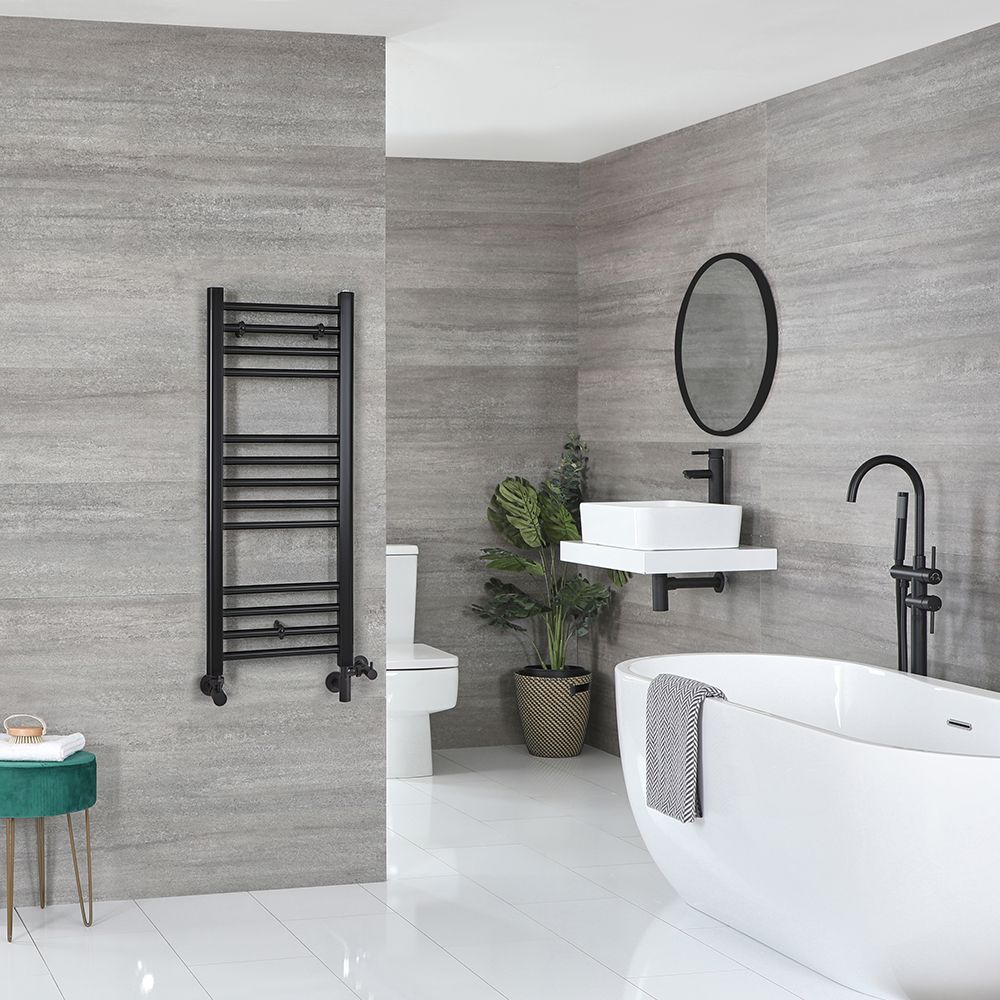 Sèche-serviettes mixte plat - Noir mat - 100 cm x 40 cm - Avec élément électrique de 400W, robinets de radiateur et adaptateur - Nox