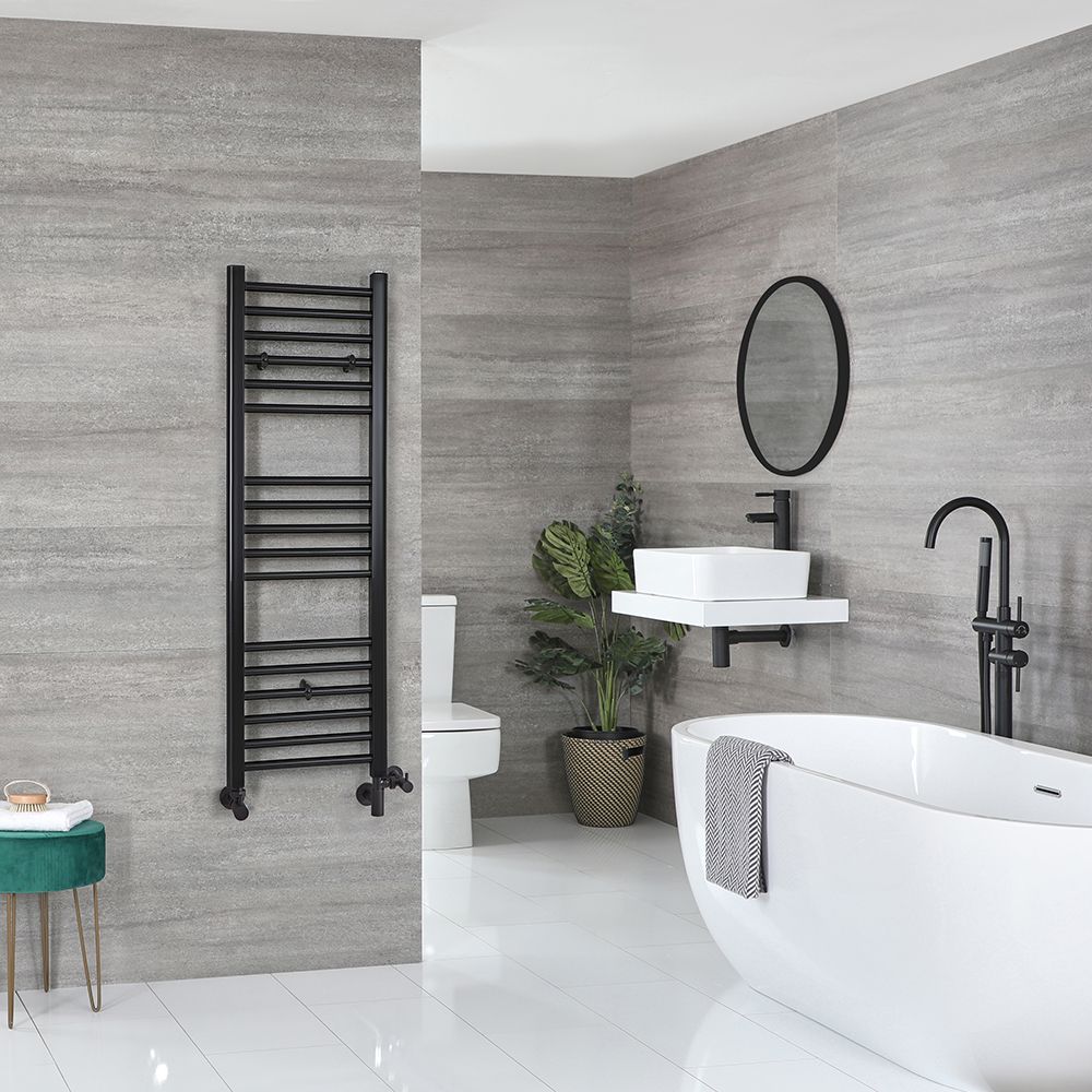 Sèche-serviettes mixte plat - Noir mat - 120 cm x 40 cm - Avec élément électrique de 400W, robinets de radiateur et adaptateur - Nox