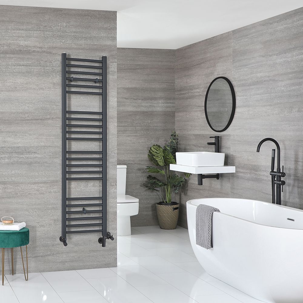 Sèche-serviettes mixte plat - Anthracite - 160 cm x 40 cm - Avec élément électrique de 600W, robinets de radiateur et adaptateur - Artle