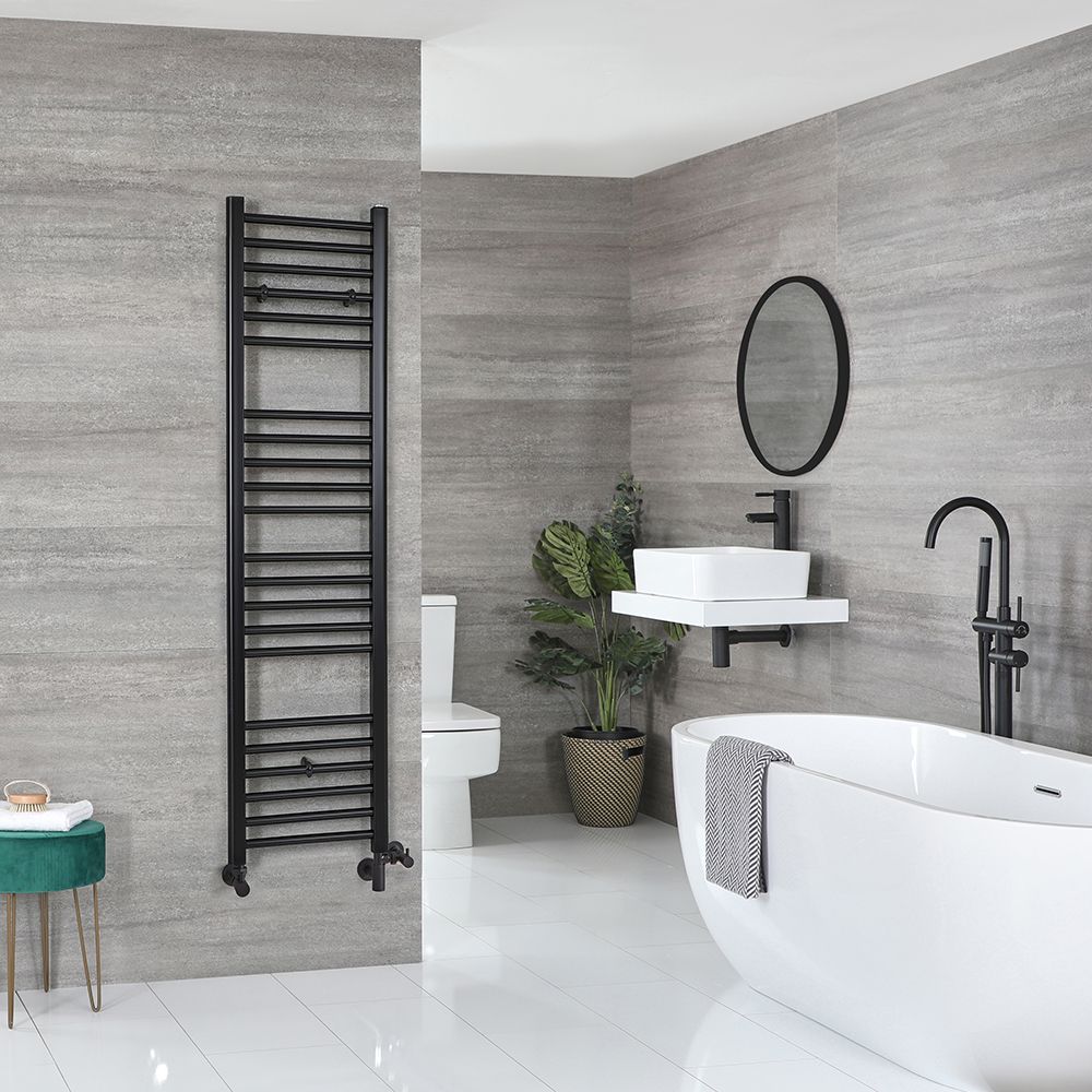Sèche-serviettes mixte plat - Noir mat - 160 cm x 40 cm - Avec élément électrique de 600W, robinets de radiateur et adaptateur - Nox