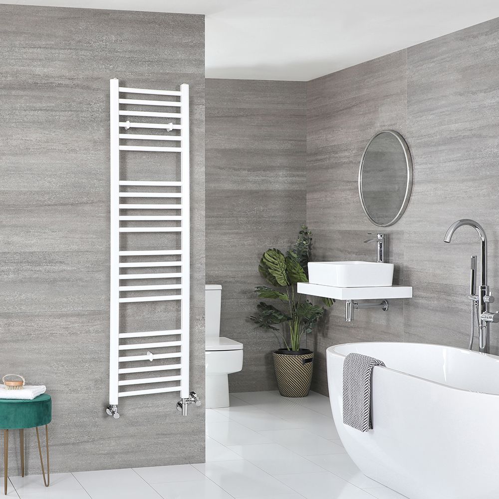 Sèche-serviettes mixte plat - Blanc - 160 cm x 40 cm - Avec élément électrique de 600W, robinets de radiateur et adaptateur - Ive