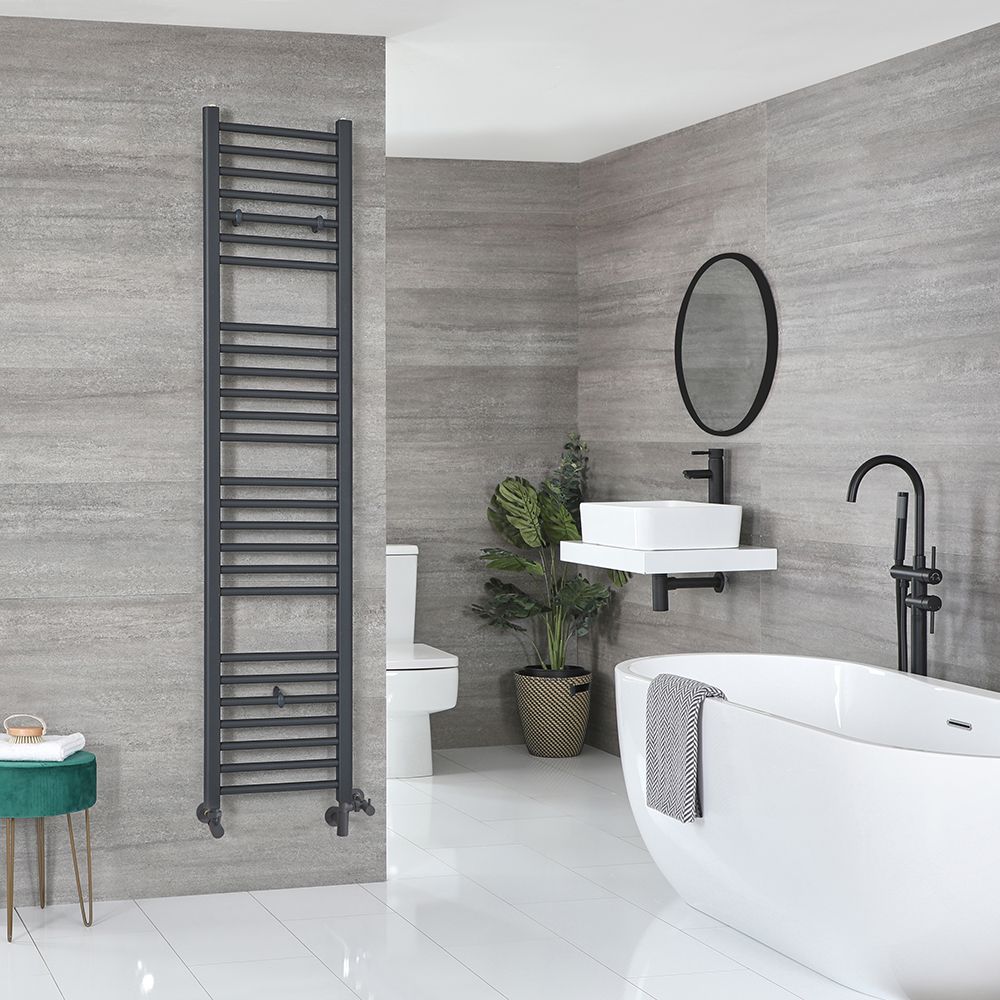 Sèche-serviettes mixte plat - Anthracite - 180 cm x 40 cm - Avec élément électrique de 800W, robinets de radiateur et adaptateur - Artle