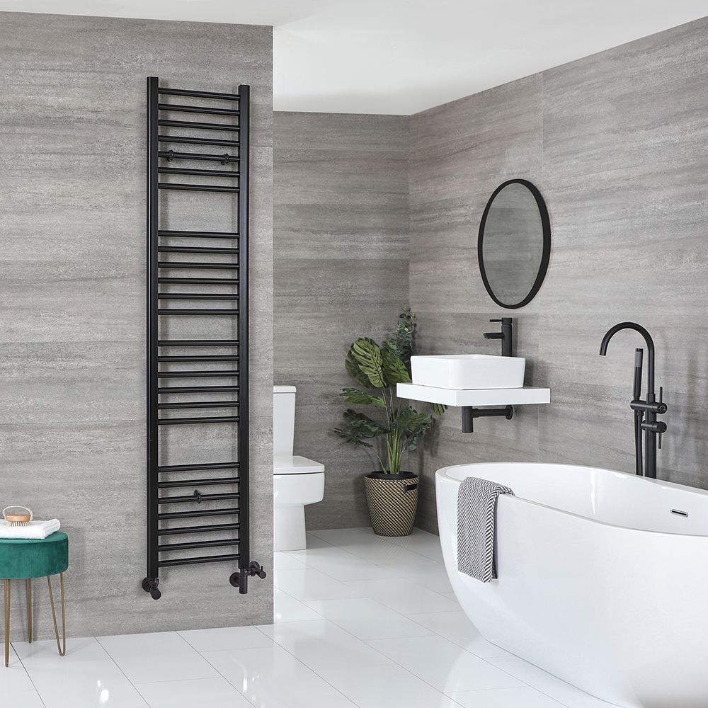 Sèche-serviettes mixte plat - Noir mat - 180 cm x 40 cm - Avec élément électrique de 800W, robinets de radiateur et adaptateur - Nox