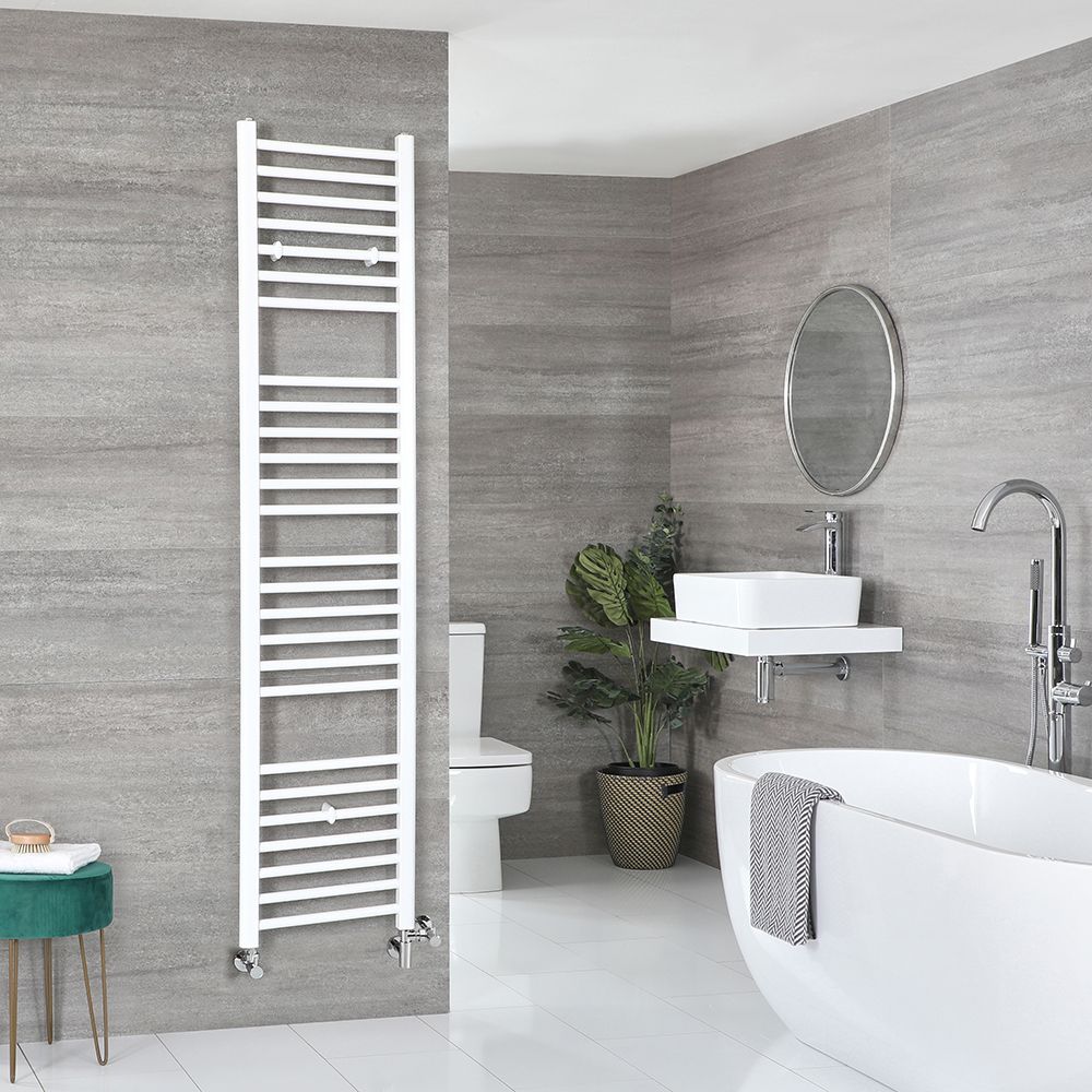 Sèche-serviettes mixte plat - Blanc - 180 cm x 40 cm - Avec élément électrique de 800W, robinets de radiateur et adaptateur - Ive