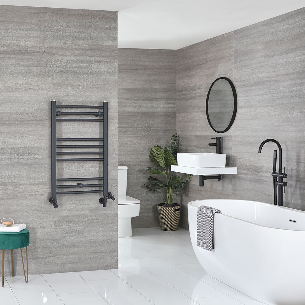 Sèche-serviettes mixte plat - Anthracite - 80 cm x 50 cm - Avec élément électrique de 400W, robinets de radiateur et adaptateur - Artle