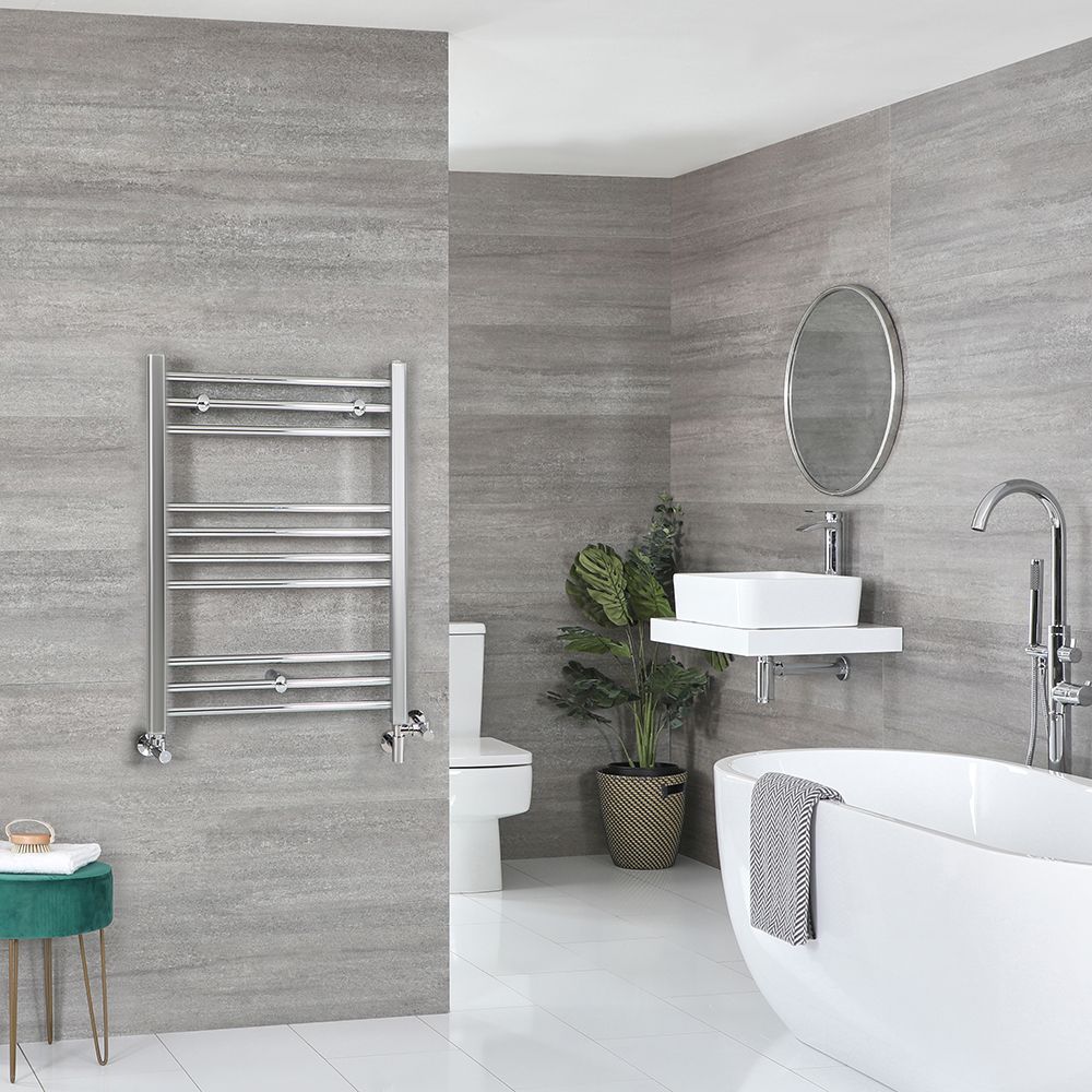 Sèche-serviettes mixte plat - Chromé - 80 cm x 50 cm - Avec élément électrique de 300W, robinets de radiateur et adaptateur - Kent