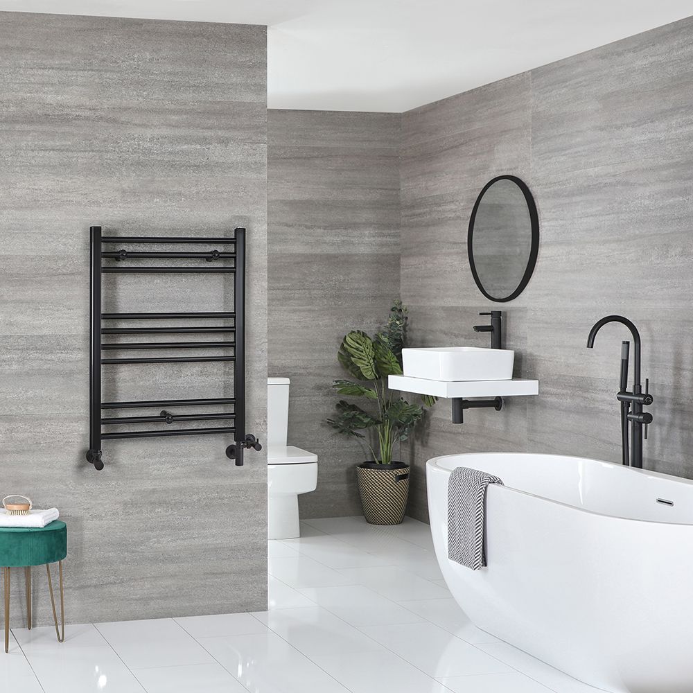 Sèche-serviettes mixte plat - Noir mat - 80 cm x 50 cm - Avec élément électrique de 400W, robinets de radiateur et adaptateur - Nox