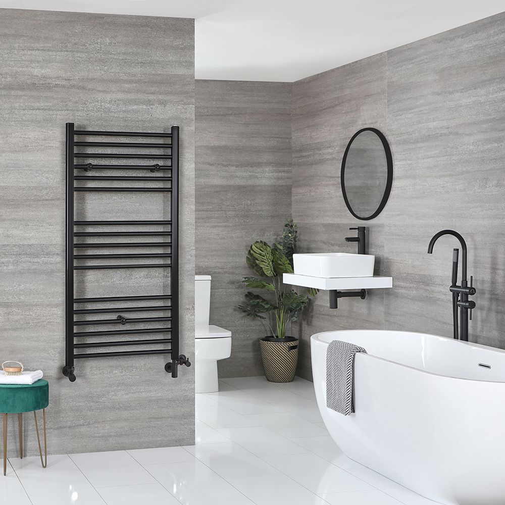 Sèche-serviettes mixte plat - Noir mat - 120 cm x 50 cm - Avec élément électrique de 600W, robinets de radiateur et adaptateur - Nox