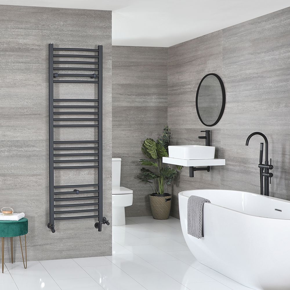 Sèche-serviettes mixte plat - Anthracite - 160 cm x 50 cm - Avec élément électrique de 800W, robinets de radiateur et adaptateur - Artle