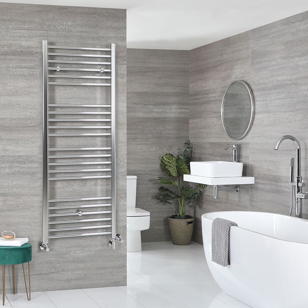 Sèche-serviettes mixte plat - Chromé - 160 cm x 50 cm - Avec élément électrique de 400W, robinets de radiateur et adaptateur - Kent