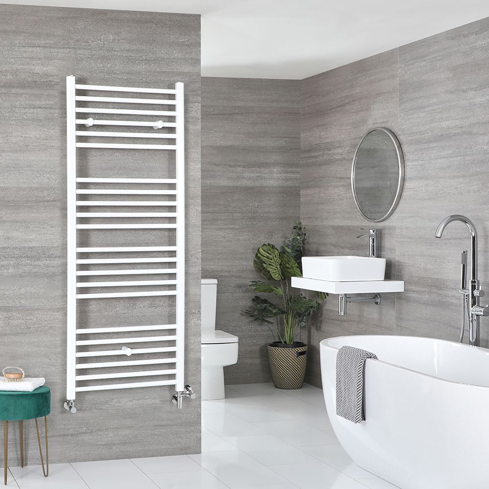 Sèche-serviettes mixte plat - Blanc - 160 cm x 50 cm - Avec élément électrique de 800W, robinets de radiateur et adaptateur - Ive