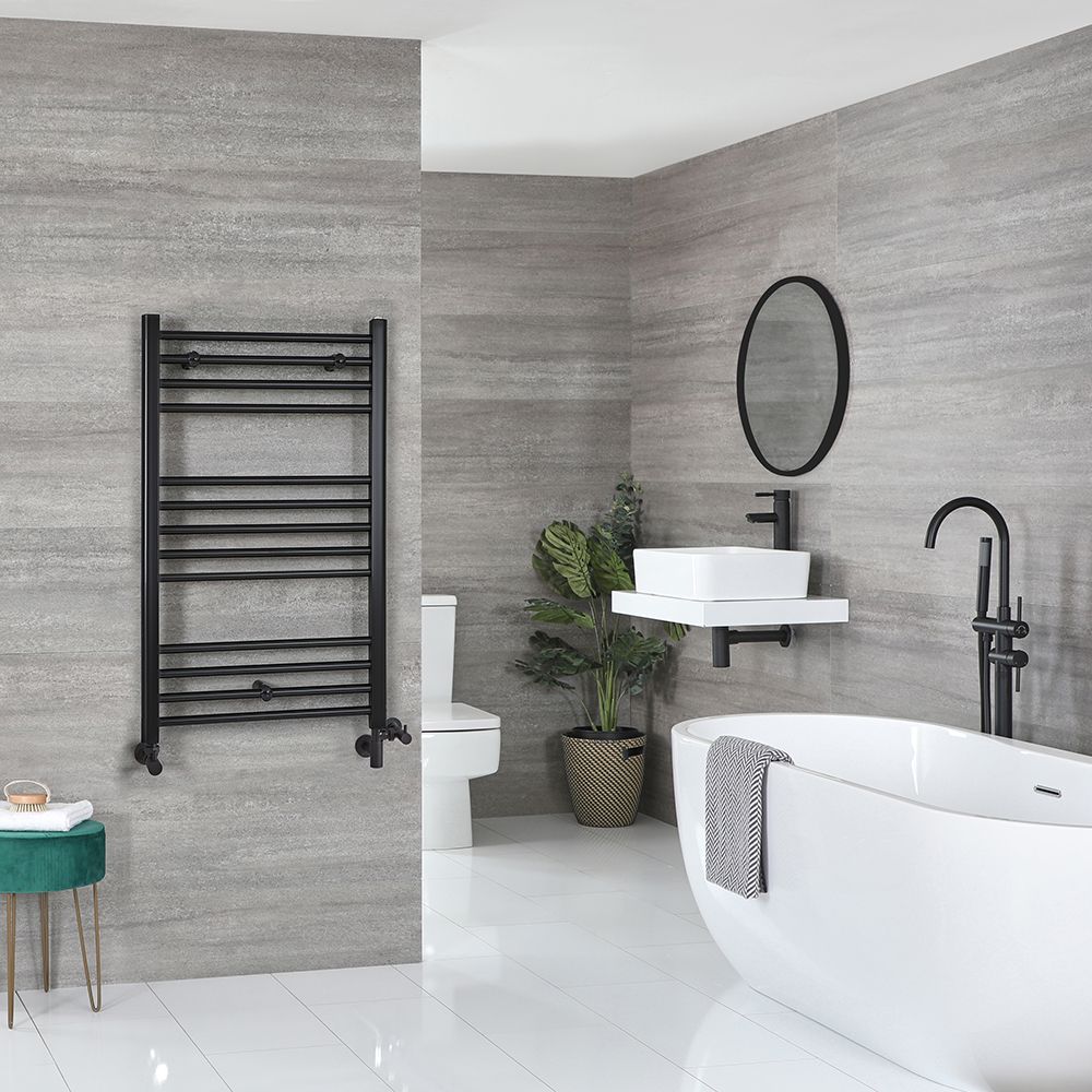 Sèche-serviettes mixte plat - Noir mat - 100 cm x 60 cm - Avec élément électrique de 600W, robinets de radiateur et adaptateur - Nox