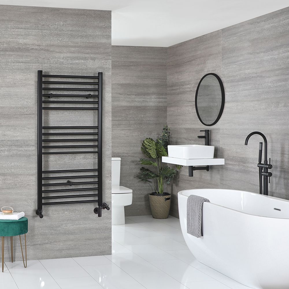 Sèche-serviettes mixte plat - Noir mat - 120 cm x 60 cm - Avec élément électrique de 600W, robinets de radiateur et adaptateur - Nox