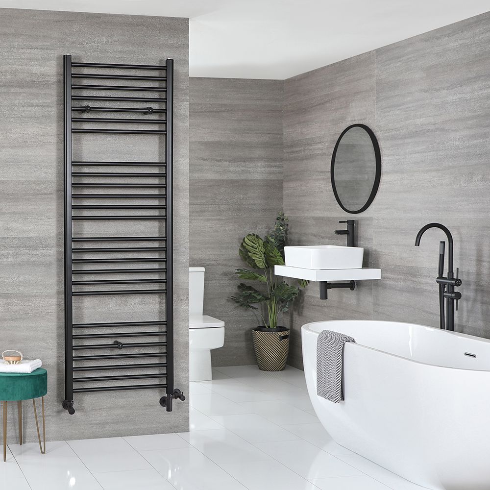 Sèche-serviettes mixte plat - Noir mat - 180 cm x 60 cm - Avec élément électrique de 1000W, robinets de radiateur et adaptateur - Nox