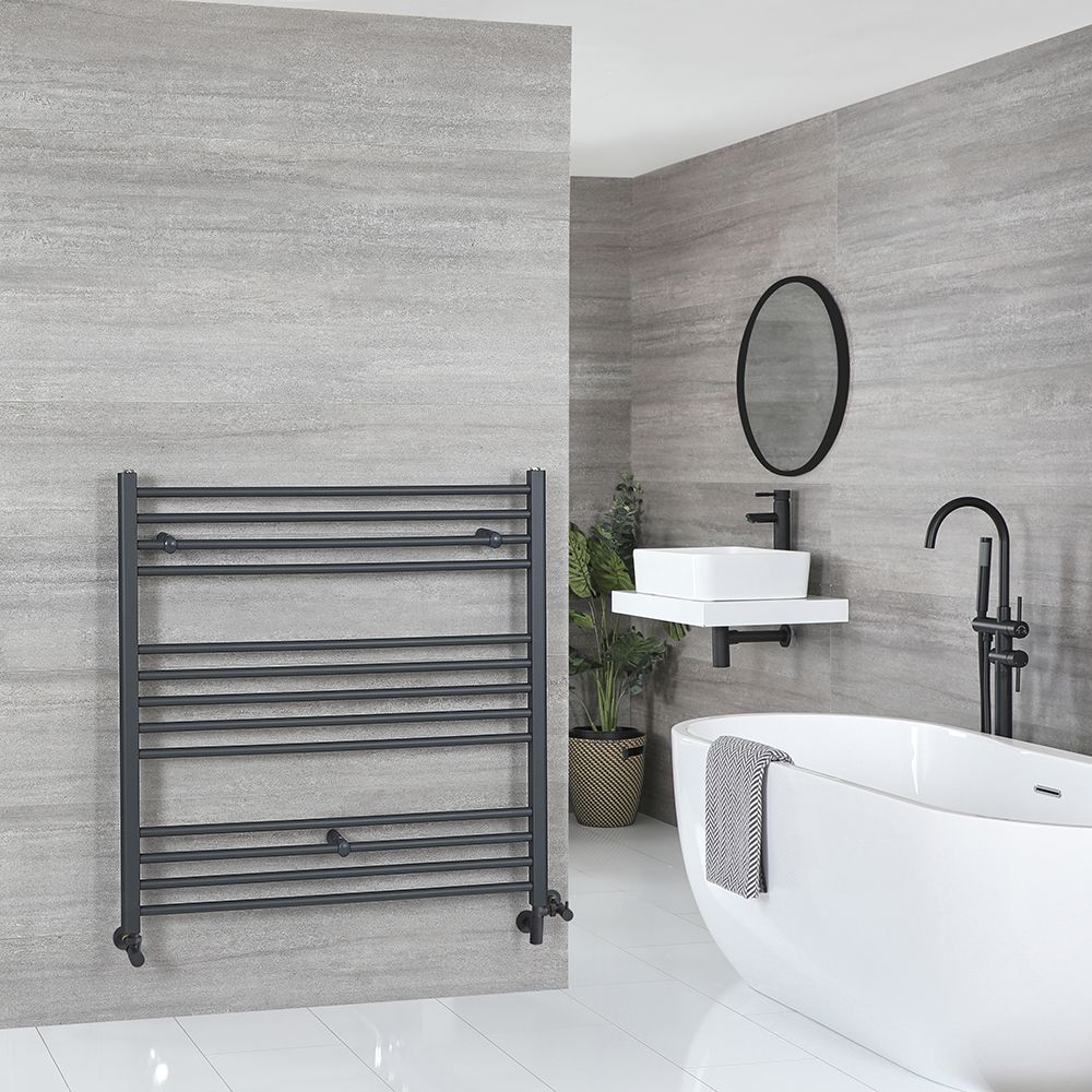 Sèche-serviettes mixte plat - Anthracite - 100 cm x 100 cm - Avec élément électrique de 800W, robinets de radiateur et adaptateur - Artle
