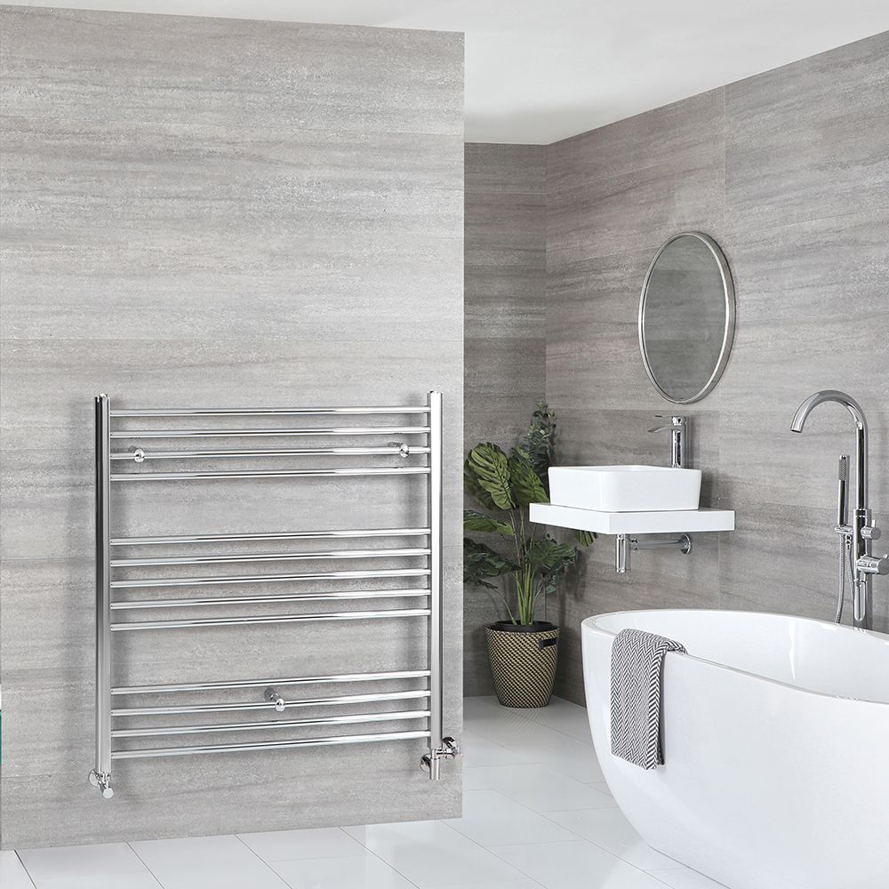 Sèche-serviettes mixte plat - Chromé - 100 cm x 100 cm - Avec élément électrique de 600W, robinets de radiateur et adaptateur - Kent