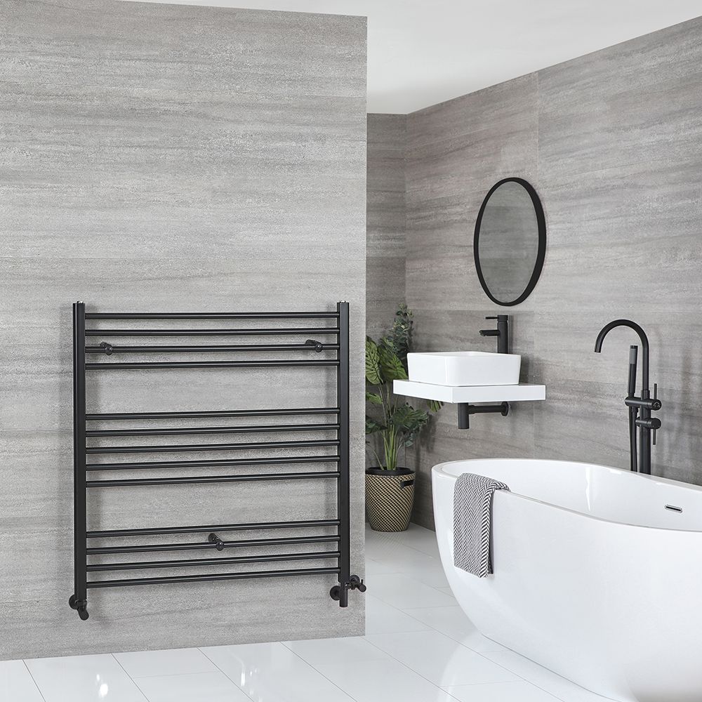Sèche-serviettes mixte plat - Noir mat - 100 cm x 100 cm - Avec élément électrique de 800W, robinets de radiateur et adaptateur - Nox