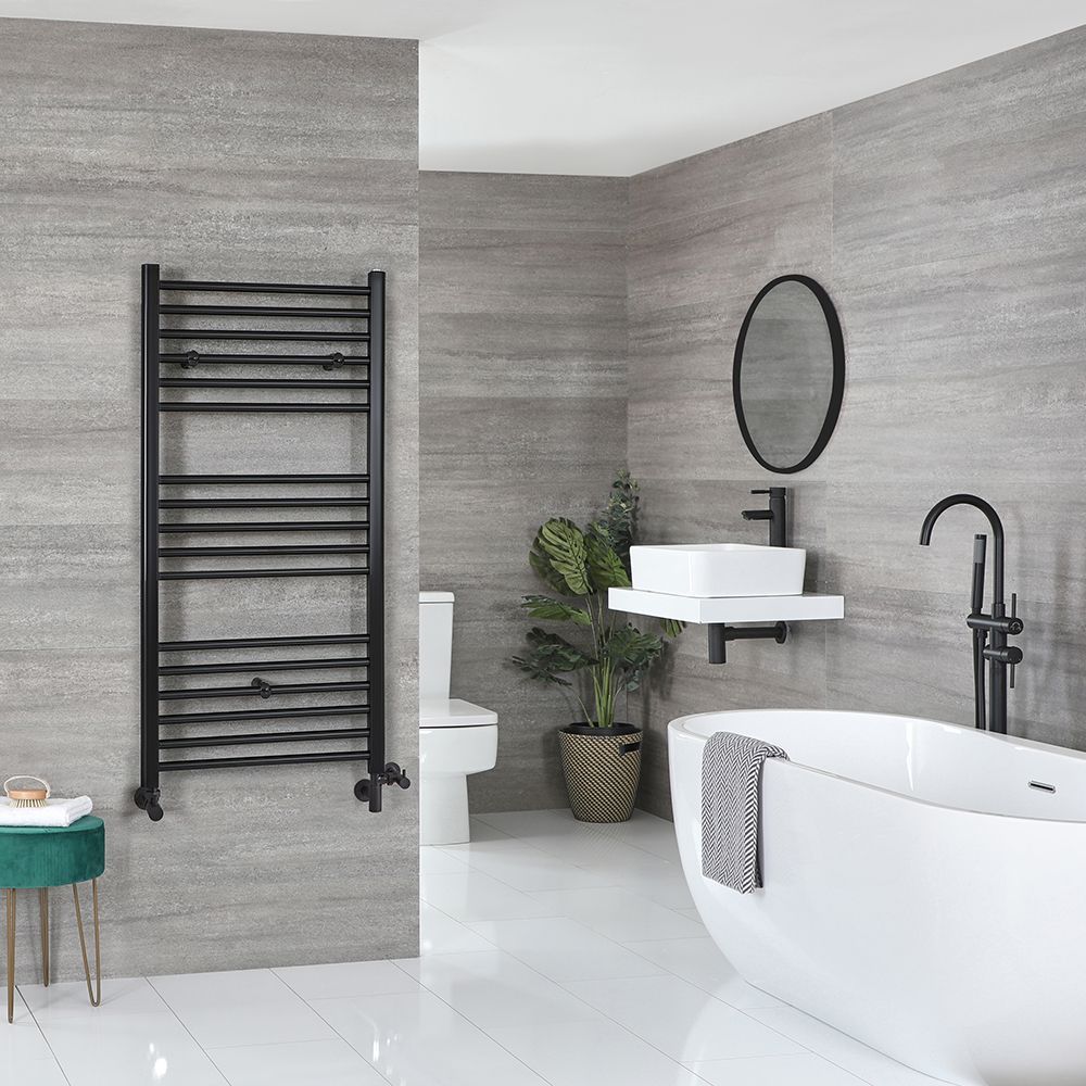 Sèche-serviettes mixte plat - Noir - Avec élément électrique, robinets de radiateur et adaptateur - Choix de tailles - Nox