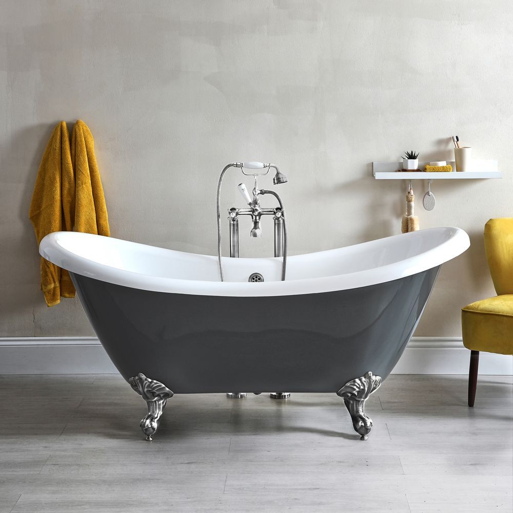 Baignoire îlot rétro à double dos – 175 cm x 73 cm - Gris pierre - Choix de finitions des pieds - Elton