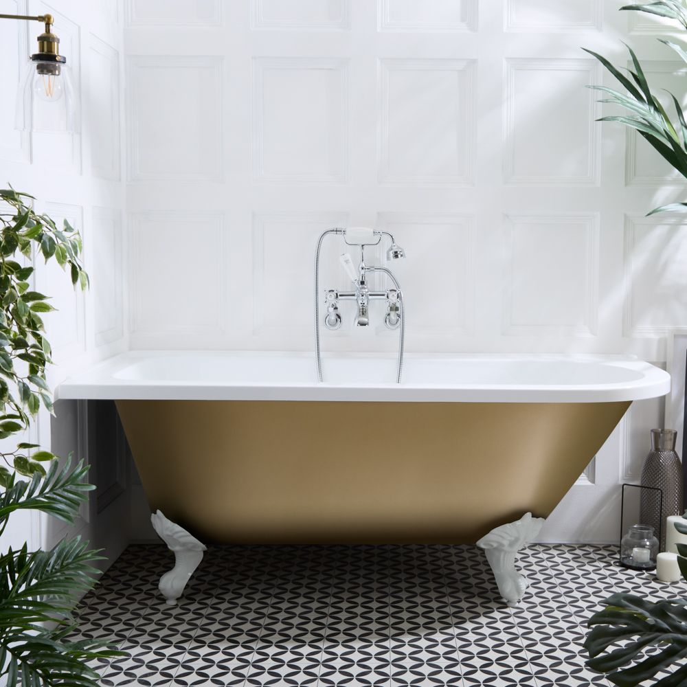 Baignoire semi-îlot d’angle rétro – 168,5 cm x 75 cm – Choix de couleurs métalliques et de finitions des pieds – Angle droit ou gauche – Legend