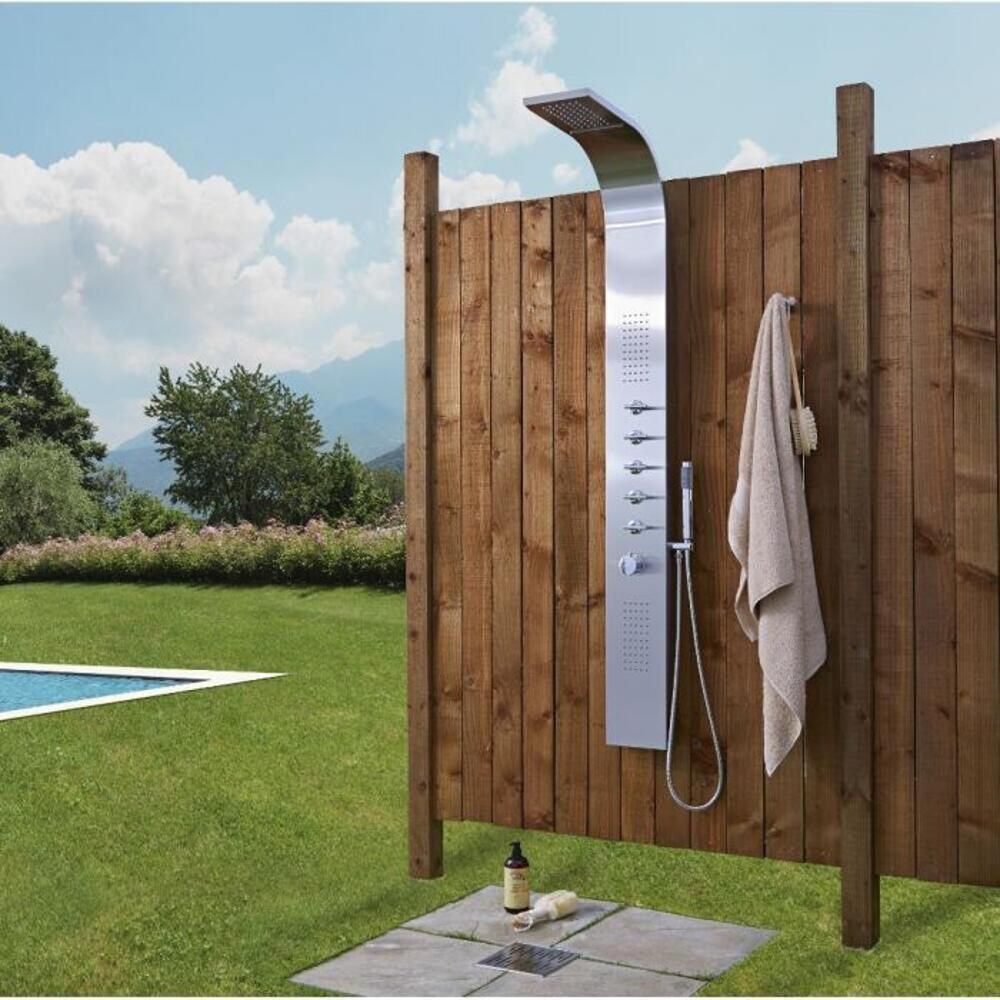 Douche extérieure thermostatique avec pommeau, douchette et buses hydromassantes – Chromé – 5 fonctions - Niagara