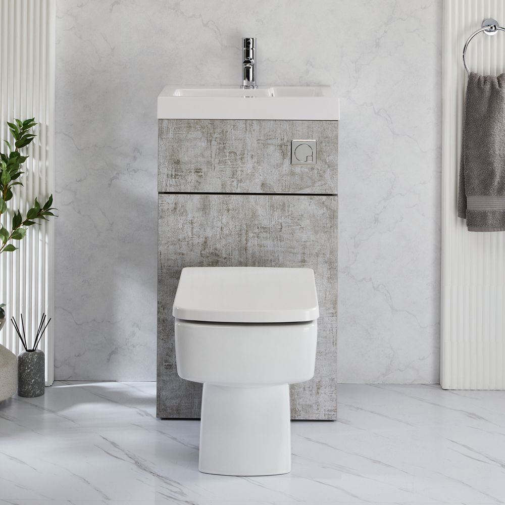 WC avec lave mains - Gris béton - 50 cm x 89 cm - Bouton de chasse chromé - Cluo-Exton