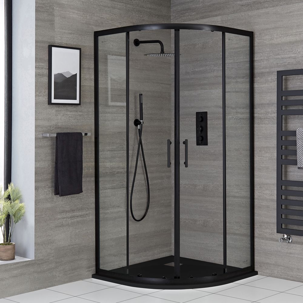 Cabine de douche quart de cercle - Receveur à effet texturé avec choix de finition - Noir - Nox