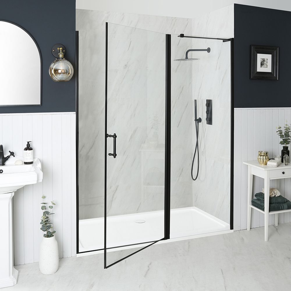 Porte de douche pivotante rétro – Noir – Avec receveur – Choix de tailles – Langley