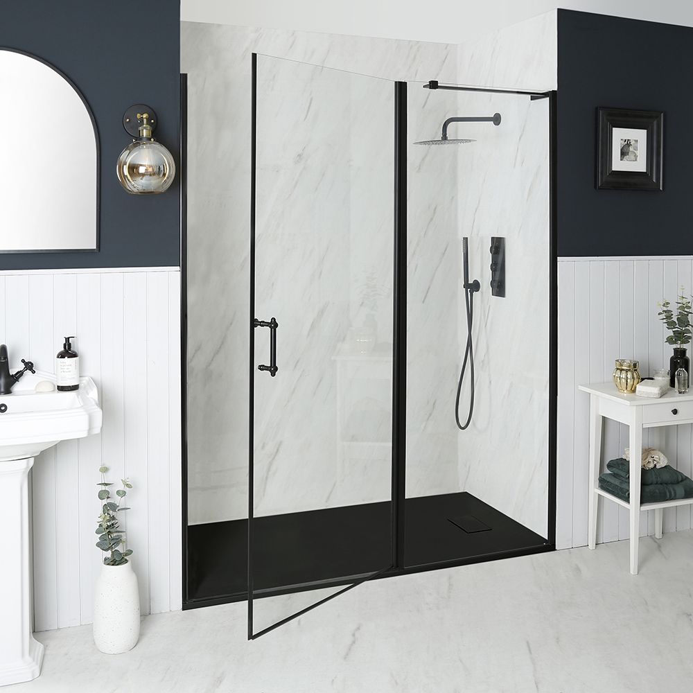 Porte de douche pivotante rétro – Noir – Avec receveur à effet texturé – Choix de tailles – Langley