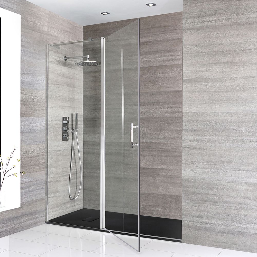 Porte de douche pivotante - Receveur à effet texturé - Chromé - Portland