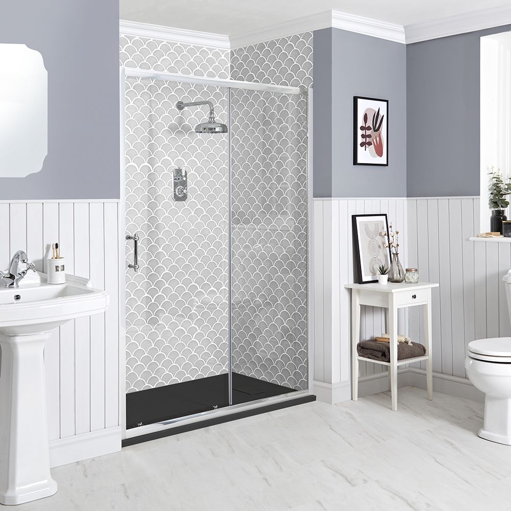 Porte de douche coulissante rétro avec receveur à effet texturé – Choix de tailles - Langley