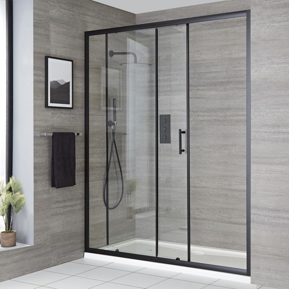 Porte de douche coulissante – Noir – Avec receveur blanc - Choix de tailles – Nox