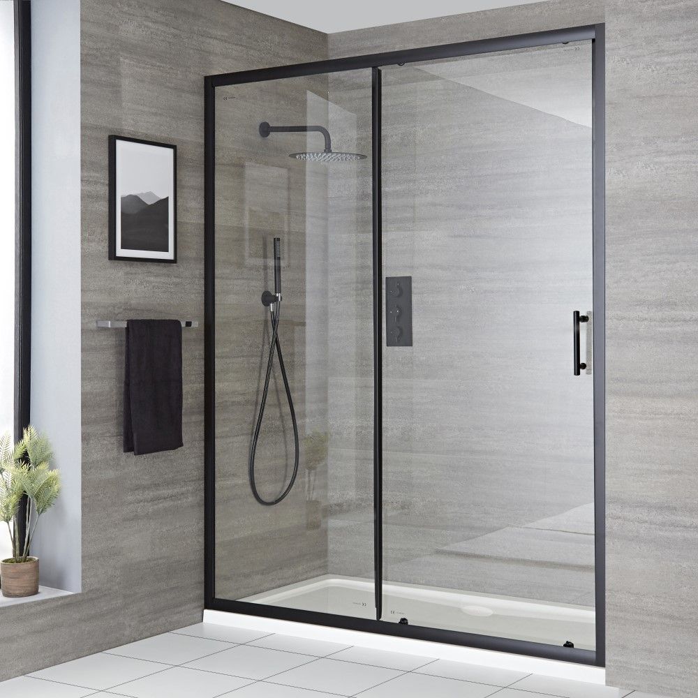 Porte de douche coulissante – Noir – Avec receveur blanc - Choix de tailles – Nox