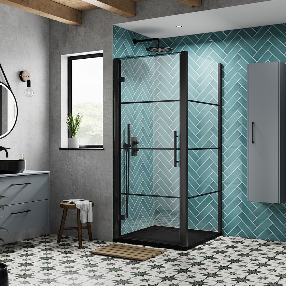 Cabine de douche d’angle avec porte pivotante – Noir – Avec receveur à effet texturé - Choix de tailles – Apex
