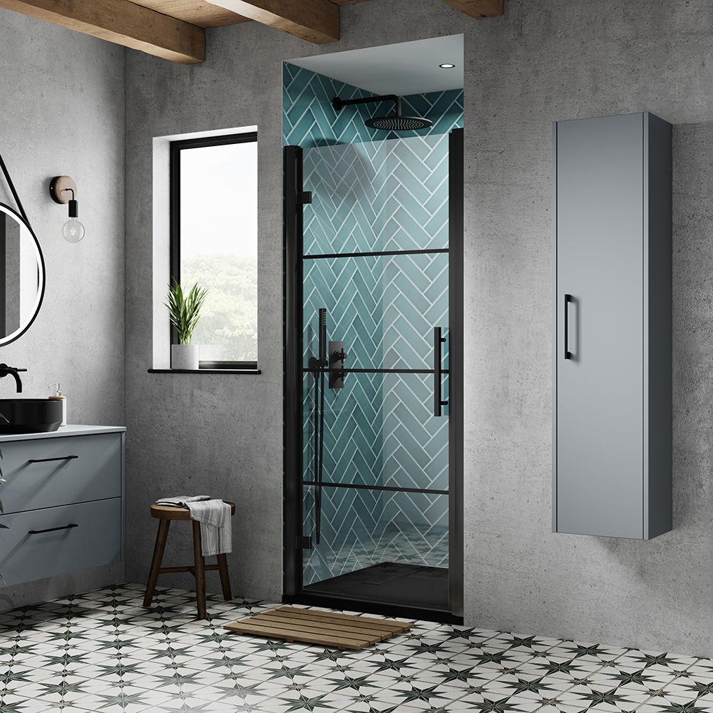Cabine de douche avec porte pivotante – Noir – Avec receveur à effet texturé - Choix de tailles – Apex